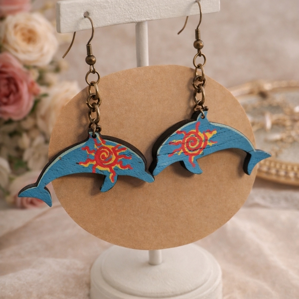 Hand-Painted Blue Dolphin Earrings  Coastal Boho Sun Design